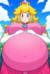 ai_generated belly belly_button belly_expansion big_belly big_breasts blonde_female blonde_hair blue_eyes breasts female_only front_view huge_belly looking_down mario_(series) navel nintendo pregnant pregnant_belly pregnant_female princess_peach super_mario_bros.