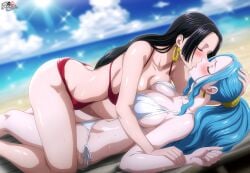 2girls age_difference ai_generated beach big_breasts bikini black_hair blue_hair blush boa_hancock breast_squeeze breasts cleavage closed_eyes curvy earrings female female_only jemmasoria kissing long_hair makeout nefertari_vivi older_female on_back on_top_of_another one_piece passionate ponytail younger_female yuri