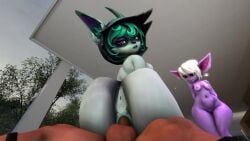 1boy 2girls 3d animated ass ass_focus big_ass bouncing_ass bunny bunny_girl cock cum cum_in_pussy cum_inside curvy furry green_hair huge_ass lagomorph league_of_legends male ngt95 no_sound penis rabbit rabbit_ears riding sex source_filmmaker tagme tristana vaginal_penetration vex_(league_of_legends) video white_hair yordle