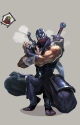 bara biceps big_bulge blush bulge clothing cum erection_under_clothes genital_fluids league_of_legends male male_only manly muscular_male penis_outline riot_games shen tight_clothing