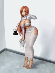 anklet big_breasts bleach boob_window cleavage female female_only fully_clothed handbag headband high_heels hoop_earrings inoue_orihime linkartoon orange_hair revealing_clothes solo solo_female stiletto_heels very_high_heels