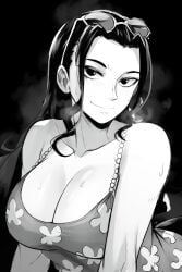 1girls bare_shoulders big_breasts black_hair blush breasts breath camisole cleavage collarbone eyewear_on_head female female_only floral_print funi_xd greyscale highres large_breasts long_hair looking_at_viewer monochrome nico_robin official_alternate_costume one_piece post-timeskip punk_hazard smile steam sunglasses sunglasses_on_head sweat