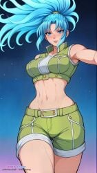 1girls ai_generated ass_visible_through_thighs big_breasts blue_eyes blue_hair clothed female firm_breasts fit fit_female ikari_warriors king_of_fighters legs leona_heidern light-skinned_female light_skin long_hair looking_at_viewer military military_clothing military_uniform pale-skinned_female pale_skin shorts snk tank_top thick_thighs thighs tied_hair toned toned_female voluptuous voluptuous_female wide_hips