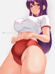 1girls big_ass big_breasts big_thighs blush butt doki_doki_literature_club female female_focus female_only gym_uniform hairbow hand_on_hip highleg_bloomers huge_ass huge_breasts huge_thighs kun_kaiss light-skinned_female light_skin long_hair looking_at_viewer open_mouth puffy_short_sleeves puffy_sleeves purple_eyes purple_hair shirt short_sleeves skindentation solo sweat sweatdrop sweating sweaty tagme thick_hips thick_thighs twitter_username white_shirt yuri_(doki_doki_literature_club)