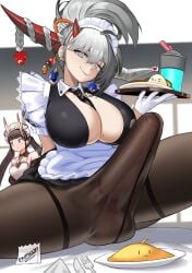 1futa asymmetrical_horns azur_lane balls big_balls big_breasts breasts bulge clothed clothing dragon_girl dragon_horns earrings erection erection_under_clothes erotanuki food foreskin fully_clothed futa_focus futanari grey_hair hakuryuu_(azur_lane) hakuryuu_(slice_dice_and_serve)_(azur_lane) holding_plate huge_cock humanoid humanoid_penis large_breasts large_penis light-skinned_futanari light_skin maid maid_uniform mole mole_on_breast noshiro_(azur_lane) on_table oni_female oni_horns pantyhose partially_retracted_foreskin penis restaurant ribbon ribbon_around_penis sitting solo_focus spread_legs stretched_clothing tenting testicles thick_thighs tie tie_between_breasts tilted_head uncut