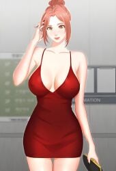 armpits bare_arms bare_legs bare_shoulders bare_thighs big_breasts black_nails blush breasts change_wife_(manhwa) cleavage closed_mouth collarbone hand_on_own_head indoors lee_jihyun lipstick manhwa nail_polish nipples_visible_through_clothing no_bra park_min pornhwa red_dress red_eyes red_hair smile standing thighs tied_hair webtoon