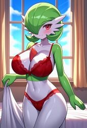 ai_generated bikini bra breasts game_freak gardevoir generation_3_pokemon green_hair green_skin huge_breasts kemonogirls nintendo pokemon pokemon_(species) red_eyes red_underwear sideboob two_tone_body two_tone_skin underwear white_skin