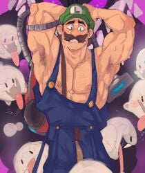 1boy armpit armpit_hair arms_behind_head biceps blue_eyes blue_overalls body_hair boo_(mario) brown_hair chest_hair clothing facial_hair ghost green_hat human light-skinned_male light_skin long_tongue luigi luigi's_mansion male male_nipples male_only mario_(series) muscular muscular_male nintendo nipples open_mouth overalls penis penis_out pubic_hair scared scared_expression scullvi sweat sweating tongue tongue_out unzipped_pants vacuum