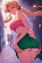 ai_generated ass black_lagoon blonde_hair blue_eyes eda_(black_lagoon) female green_skirt lifting_skirt pink_tube_top seductive_smile teasing