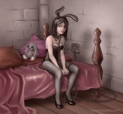 bondage bound brown_hair bunny_ears bunny_girl bunnysuit chained_to_wall chains cleavage collar female female_only femsub fully_clothed high_heels metal_collar pantyhose png revealing_clothes sitting sitting_on_bed vyazinrei