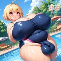 ahoge ai_assisted ai_generated average_sized_penis balls balls_bigger_than_penis big_balls big_belly big_testicles blonde_hair breasts breasts_bigger_than_head bulge bulge_through_clothing censored chubby chubby_futanari cleavage cleavage_overflow cock fat fat_futa futanari hands_on_breasts huge_breasts nipple_bulge obese obese_futanari penis pink_eyes short_hair sideboob straw_(strawflow) strawflow swimming_pool swimsuit testicles thick_thighs thighs wet