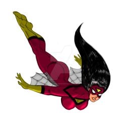 ass_focus black_hair flying gloves jessica_drew johnnyharadrim large_ass marvel marvel_comics mask red_suit spider-woman superhero_costume superheroine white_background