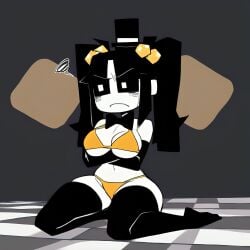 aged_up ai ai_generated annoyed arms_under_breasts big_breasts bikini black_bowtie black_elbow_gloves black_hair black_sclera black_thighhighs black_top_hat bowtie cassidy_(fnaf) clothed crossed_arms curvy elbow_gloves female five_nights_at_freddy's frown ghost_girl hair_ornaments kneeling pale_skin pixai pizzeria simple_background slim_waist solo thick_thighs thighhighs tile_floor tophat twintails white_pupils yellow_bikini