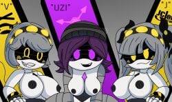 3girls big_breasts black_nipples breasts female female_only j_(murder_drones) long_hair medium_breasts murder_drones nipples purple_eyes purple_hair robot robot_girl robot_humanoid short_hair skwid squiddum twintails uzi_(murder_drones) v_(murder_drones) white_body white_hair yellow_eyes