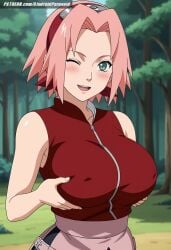 ai_generated aindroidparanoid ass big_breasts blush boruto:_naruto_next_generations breasts curvy female forest grabbing_breasts grabbing_own_breast green_eyes huge_breasts large_breasts narrow_waist naruto naruto_(classic) naruto_(series) naruto_shippuden ninja nipples one_eye_closed outdoors pink_hair sakura_haruno short_hair slim_waist squeezing_breast stable_diffusion straight_hair touching_breast voluptuous wink