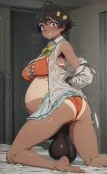 ai_generated big_breasts bra futanari fuxdess hairy hairy_pussy horsecock horsecock_futanari piercing pregnant pregnant_futa saggy_balls shirt short_hair surprised uniform