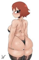 1girls black_eyes black_legwear black_underwear blush brown_hair female female_only freckles freckles_on_ass freckles_on_face freckles_on_shoulders kim_pine legwear looking_back max_nzart maxnuze pawg rear_view scott_pilgrim short_hair solo solo_female stockings thighhighs underwear