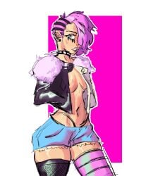 bangs blue_eyes breasts collar earrings hair_over_one_eye hand_in_pocket jacket_open lipstick melissa_demore original original_character pink_hair shaved_side shirtless short_shorts simple_background spiked_collar tear_markings thighhighs