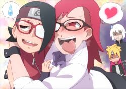 2boys 2girls age_difference ass black_eyes black_hair blonde_hair blood blush boruto:_naruto_next_generations breasts caught caught_in_the_act clenched_teeth cuckold drooling eeshin_(eishin5584) forehead_protector glasses grabbing grabbing_another&#039;s_breast hand_on_breast heart hozuki_suigetsu hug looking_away_from_partner medium_breasts multiple_boys multiple_girls narrowed_eyes naruto naruto_(series) nosebleed pervert purple_eyes red_eyes red_hair red_shirt saliva saliva_trail sarada_uchiha sharp_teeth shirt short_shorts shorts small_breasts spoken_heart spoken_sweatdrop sweatdrop teeth tongue tongue_out uchiha_sarada uzumaki_boruto uzumaki_karin white_hair yuri