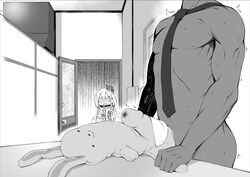 1boy 1girls female futaba_anzu gloom_(expression) greyscale idolmaster idolmaster_cinderella_girls insertion lying male male_focus monochrome muscle necktie nude object_insertion on_back open_door penis producer_(idolmaster) shaded_face standing stuffed_animal stuffed_bunny stuffed_toy sweat text tied_hair turn_pale twintails u_(the_unko) walk-in wet_spot