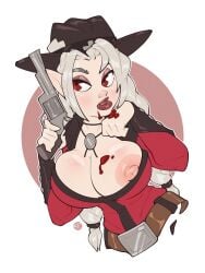 1girls areola blood blood_on_breast blush breasts cowboy_hat doppledadko female female_only gun hat huge_breasts indie_virtual_youtuber light-skinned_female light_skin lipstick monster_girl nipple ophelia_valentine red_eyes red_lipstick red_nails revolver solo vampire vampire_girl virtual_youtuber weapon white_hair