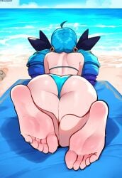 1female 1girls ai_generated anemoi ass ass_focus back_view beach bikini facing_away feet feet_fetish feet_focus female foot_focus from_behind gwen_(league_of_legends) laying_on_stomach league_of_legends long_hair riot_games soles solo solo_female solo_focus swimsuit swimwear toes