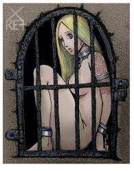 blonde_hair bondage bound caged cell chains claustrophobic_location collar cuff_(restraint) female female_only femsub lock metal_bar metal_collar metal_cuffs padlock png stationary_restraints x-ret