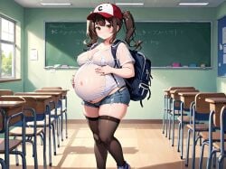 ai_generated backpack big_breasts brown_eyes brown_hair pregnant school skindentation twintails_(hairstyle)