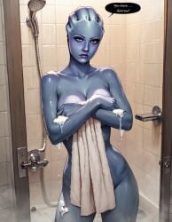 ai_generated asari covering female foam imminent_sex intrigue liara_t'soni mass_effect rtxfus rtxfus34 shower solo speech_bubble towel towel_only