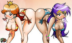 2girls ass ass_cleavage ass_focus ass_to_ass ass_up bent_over big_ass big_breasts big_butt bikini bimbo blue_eyes blush blushing bracelet breast_focus breasts butt butt_crack butt_to_butt butt_up chocolate_and_vanilla cleavage crossover crown dark-skinned_female dark_skin dat_ass duo earrings eastern_and_western_character female female_only flower_earrings ginger_hair glowing_bracelet gmeen hands_on_knees hourglass_figure human light-skinned_female light_skin lips long_hair looking_at_viewer mario_(series) multiple_girls nintendo pointy_ears princess_daisy purple_hair shantae shantae_(character) shoulder_length_hair skimpy_clothes smooth_skin steam striped_bikini sweat sweating take_your_pick wayforward