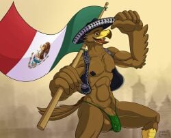 accipitrid accipitriform anthro athletic avian balls beak big_balls big_penis bird brown_body bulge clothed clothing eagle eaglerick genitals hat headgear headwear male male_only mexican_flag muscular muscular_male nipple_fetish nipples partially_clothed penis rick_(eaglerick) solo thong underwear vein veiny_penis