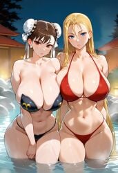 2girls ai_generated aiartf4 bath bikini blonde_hair brown_hair cammy_white chun-li curvy dark_skinned_female deviantart huge_breasts street_fighter