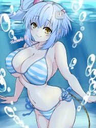 arms_at_sides bikini blush bombergirl bubbles closed_mouth fuse_tail huge_breasts shiro_(bombergirl) smile striped_bikini swimming thighs underwater