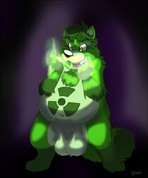 1boy anthro balls belly big_balls bravo chubby featureless_crotch fur genitals green_body green_fur huge_balls hyper hyper_balls hyper_genitalia male male_only nude nuke nuke_(character) original original_character overweight overweight_anthro overweight_male radioactive solo tanuki villain