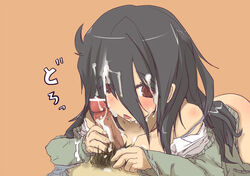 bare_shoulders black_hair blush brown_eyes censored collarbone cum cum_on_hair female kanenaga kurokami-senpai_(kanenaga) long_hair messy_hair no_panties original penis pubic_hair saliva simple_background solo sweater translated