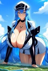 1girls ai_generated akame_ga_kill! blue_eyes blue_hair breasts breasts_bigger_than_head cleavage clothed coat esdeath_(akame_ga_kill!) female giantess giantessesdeath hat huge_breasts landscape_dwarfing long_hair looming macro nai_diffusion shiny_skin sweat sweaty thick_thighs very_long_hair