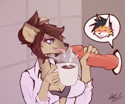 animal_genitalia animal_penis anthro bathroom beverage bodily_fluids breasts canid canine canine_genitalia canine_penis clothed clothing coffee coffee_mug container cum cum_in_a_cup cum_in_container cum_in_mouth cum_inside cup drinking drinking_cum duo female fox fur genital_fluids genitals glory_hole hair handjob holding_object hyena lydia_scarlett lynnsnowmew male male/female mammal office_clothing office_lady oral penile penis public public_restroom public_use sex simple_background spotted_hyena tongue topwear