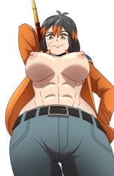 abs big_breasts black_hair camper34 comission commission commissioner_upload first_porn_of_character genderswap_(mtf) jacket jeans open_jacket orange_eyes orange_highlights original original_character rule_63 scar tagme tsuyo_julius_hikari_clark_romanicus_kira_adachi_kageyama tsuyo_kageyama