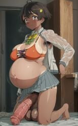 ai_generated big_breasts bra crying futanari fuxdess hairy hairy_armpits hairy_pussy horsecock horsecock_futanari motion_lines piercing pregnant pregnant_futa saggy_balls shirt short_hair surprised uniform