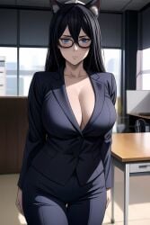 1girls ai_generated ass ass_focus big_breasts black_hair blue_eyes breasts cat_ears cat_tail catgirl female female_focus female_only glasses huge_ass huge_breasts large_breasts long_hair mature_female milf office_lady thighs