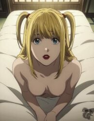 ai_generated blonde_hair blue_eyes breasts death_note laying_on_bed laying_on_stomach looking_at_viewer misa_amane