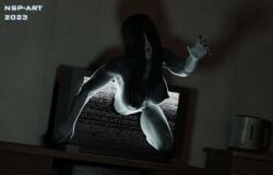 1girls 2023 3d 3d_(artwork) black_hair blender breasts digital_media_(artwork) female female_only ghost ghost_girl hair_covering_eyes living_room long_hair nipples notsoperfect nude nude_female open_mouth reaching_out solo television the_ring yamamura_sadako