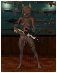 1futa 3d abs assault_rifle biceps body_marking breasts canine futa_only futanari gun herm intersex looking_at_viewer muscles nipples nude penis pistol pose ranged_weapon revolver rifle scope solo solo_futa tattoo teeth testicles text the_anthropomorphologist weapon