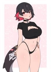 belly black_hair choker cleavage cleavage_cutout ear_piercing ellen_joe lollipop lollipop_in_mouth multicolored_hair navel red_eyes red_hair shark_girl shark_tail thighs thong tummy whomperfruit zenless_zone_zero