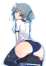 1girls ass black_legwear blue_eyes blue_hair blush breasts breath buruma cameltoe crotch_rub do_(taka) female female_only from_behind gym_uniform hidamari_sketch looking_at_viewer looking_back masturbation nori sex_machine short_hair solo straddle sybian tear thighhighs white_background