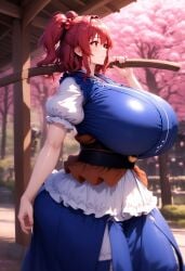 ai_generated big_breasts blue_dress bracelet breasts cleavage closed_mouth dress female hair_bobbles hair_ornament half-closed_eyes highres huge_breasts jewelry komachi_onozuka large_breasts looking_at_viewer minmin obi onozuka_komachi red_eyes red_hair sash scythe simple_background sleeveless_dress smile solo standing touhou two_side_up