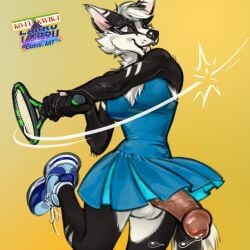 anthro balls big_penis blue_outfit bodily_fluids bottomwear casual_erection casual_exposure clothing dripping erection erection_under_skirt footwear fur furry futa_only futanari genital_fluids genitals larru-larru multicolored_body multicolored_fur penis playing_tennis precum precum_drip shoes skirt sneakers two_tone_body two_tone_fur