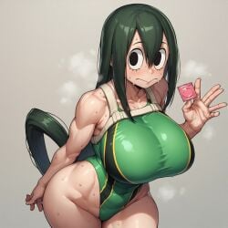 ai_generated ansu_manheal big_breasts breasts condom female froppy green_eyes holding_object huge_breasts solo tsuyu_asui