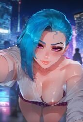 1female 1girls ai_generated blue_hair breasts exposed_breast female front_view hanging_breasts ignisai jinx_(league_of_legends) league_of_legends leaning_forward long_hair looking_at_viewer nipples nipples_visible_through_clothing pink_eyes riot_games seductive seductive_look shorts solo solo_female solo_focus sweat sweatdrop sweaty wet_clothes wet_clothing wet_shirt