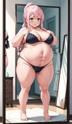 ai_generated blush fat green_eyes large_breasts obese pink_hair ponytail thick_thighs underwear_only